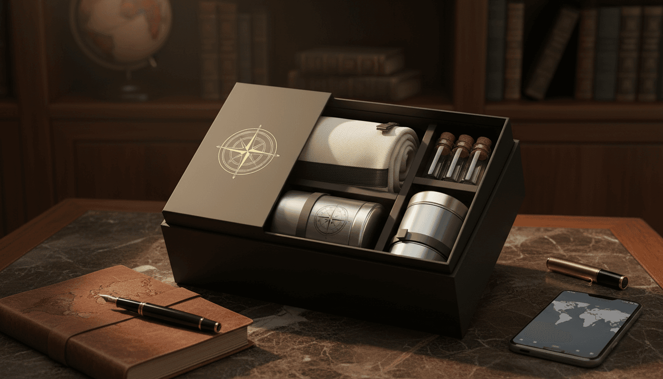 A MissionReady kit — compass-stamped box with curated essentials on a desk